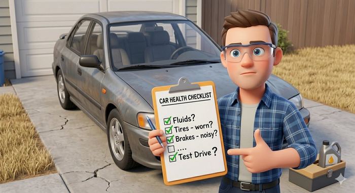 Concerned buyer reviewing a car health checklist with unresolved issues