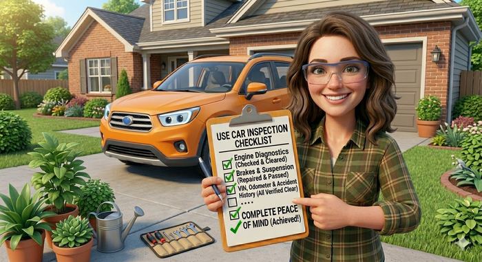 Happy buyer with completed inspection checklist showing all items passed